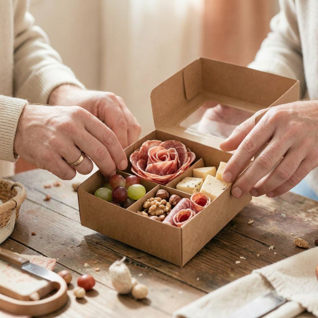 Hands arranging cheeses and cured meats on a wooden charcuterie board