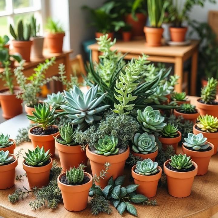 Green succulents and eucalyptus on a craft table