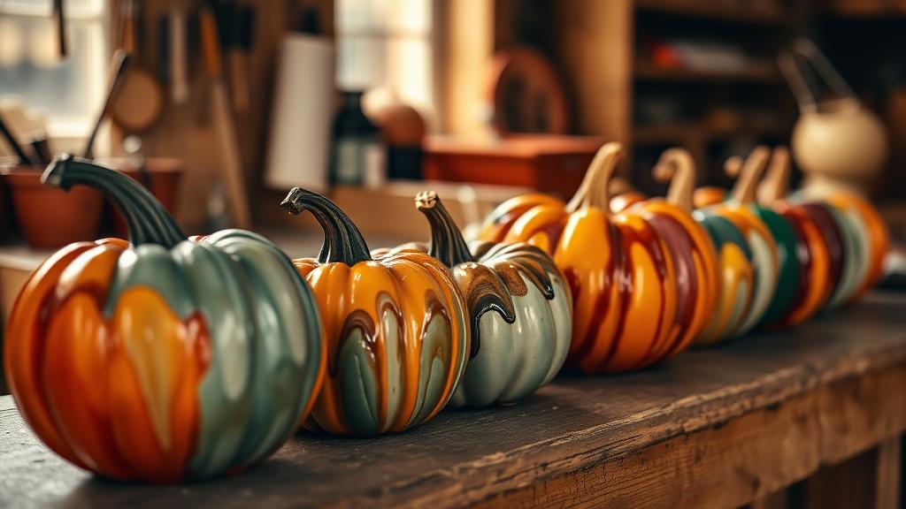 Colorful fluid-poured pumpkins lined up on a workbench