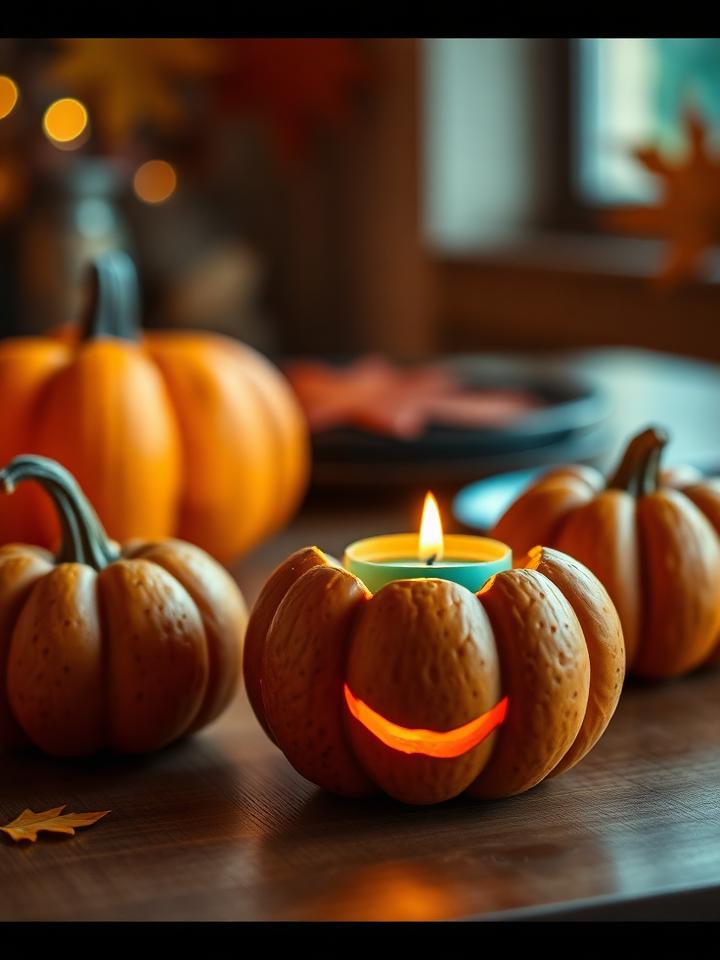 Mini pumpkins with a flickering candle inside